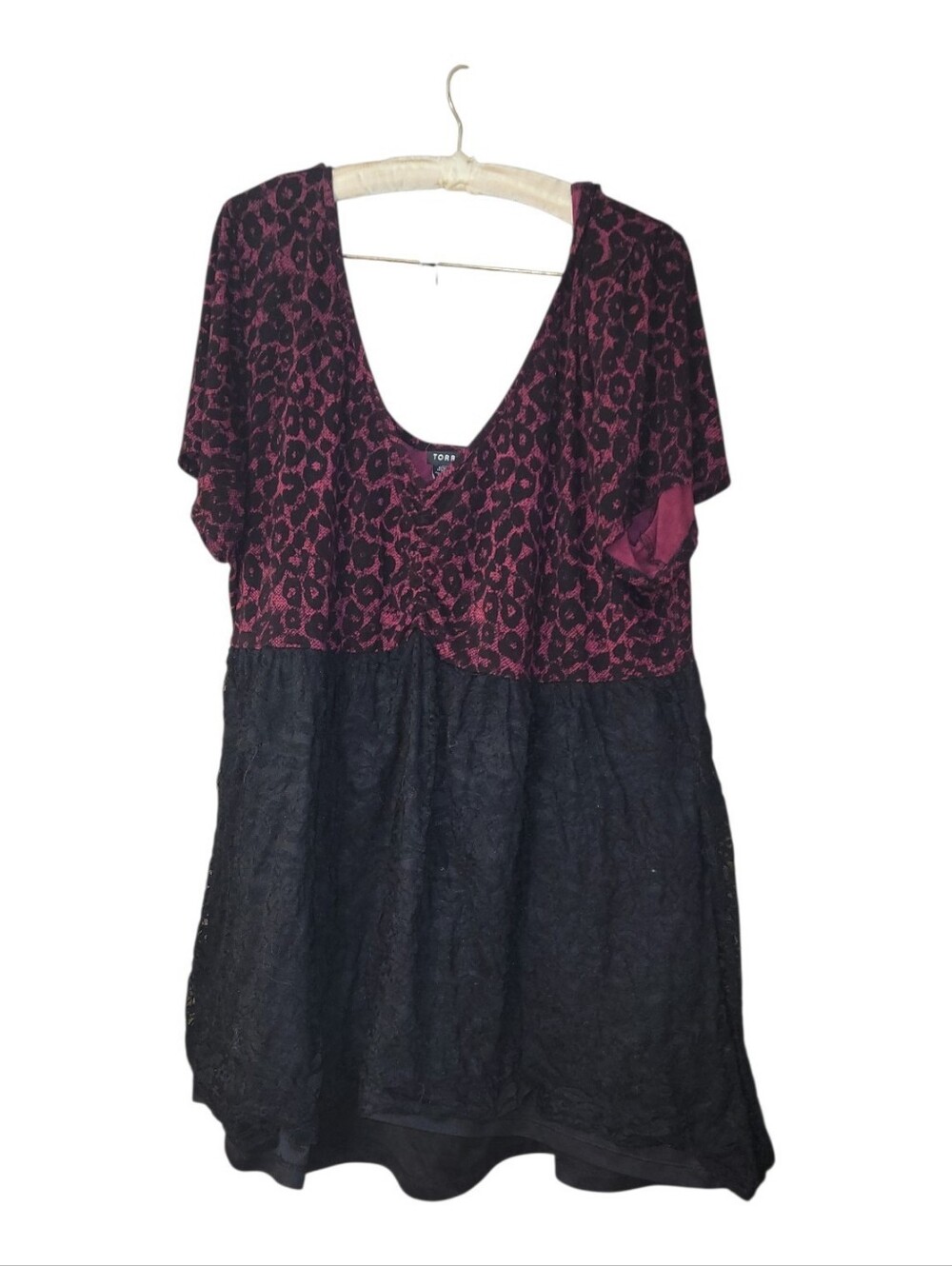 Torrid 3 Plum Leopard Babydoll Dress with a Black Lace Skirt Mini 3X